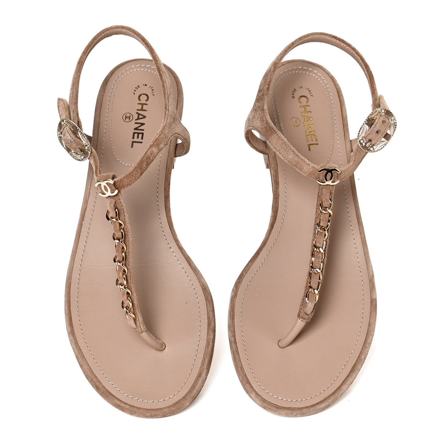 Suede Calfskin Chain Thong Sandals 36 Beige