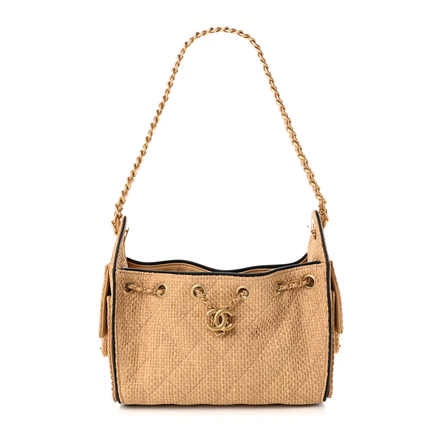 Braided Raffia Calfskin Quilted Mini Chanel 25 Handbag Beige Black