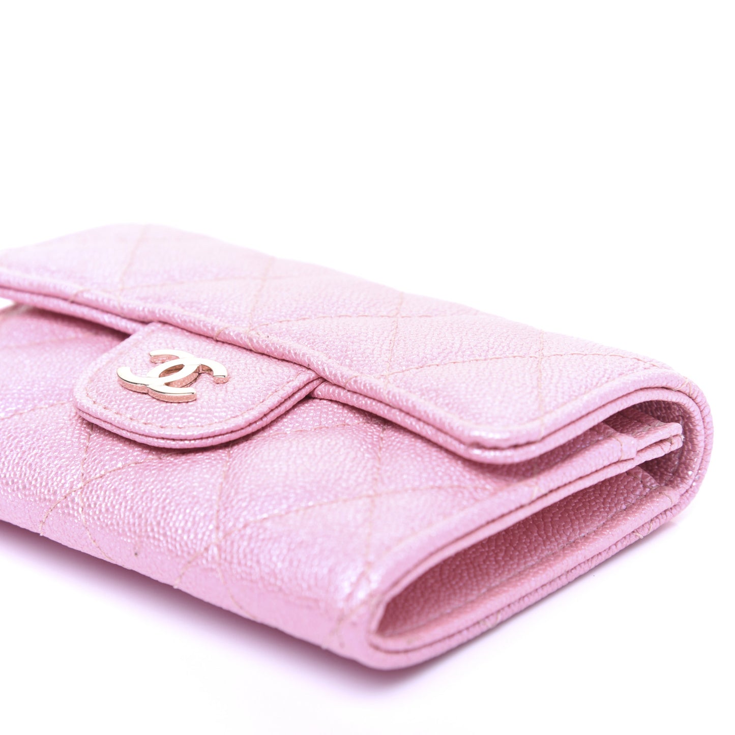 Iridescent Caviar Quilted Flap Card Holder Rose Pink