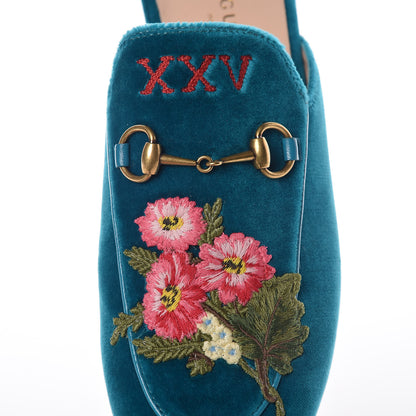 Gucci Velvet Floral Embroidered Womens Princetown Slippers 38 Pavone 9 of 12