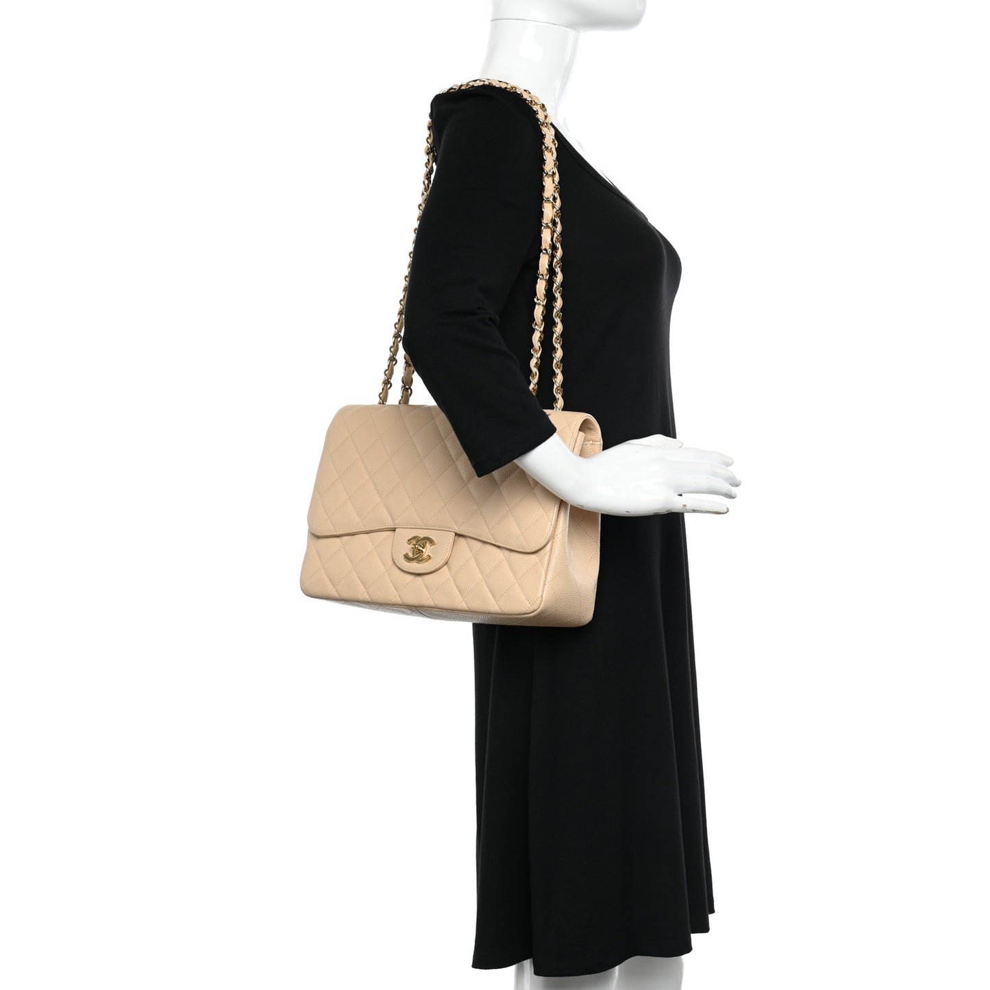 Caviar Quilted Jumbo Single Flap Beige Clair
