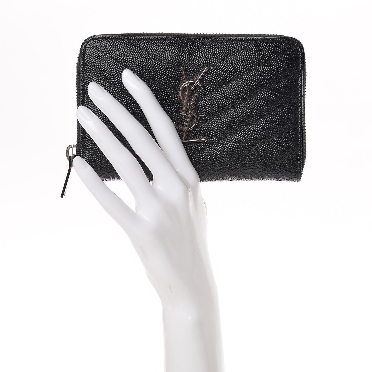 Saint Laurent Grain De Poudre Matelasse Chevron Monogram Zip Around Wallet Black 2 of 12