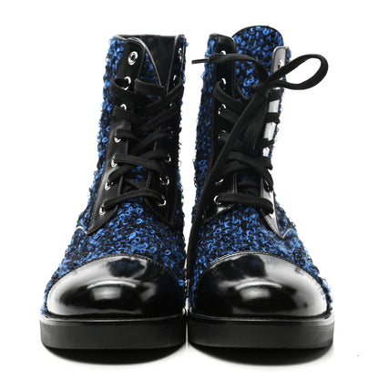 Louis Vuitton Tweed Calfskin Wonderland Flat Ranger Boots 39 Blue Black 2 of 8