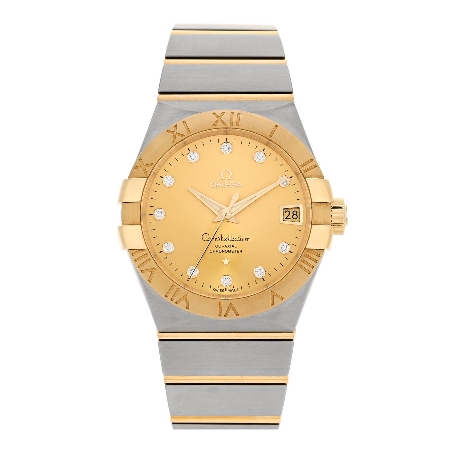 Stainless Steel 18K Yellow Gold Diamond 38mm Constellation Co-Axial Chronometer Automatic Watch Champagne 123.20.38.21.58.001