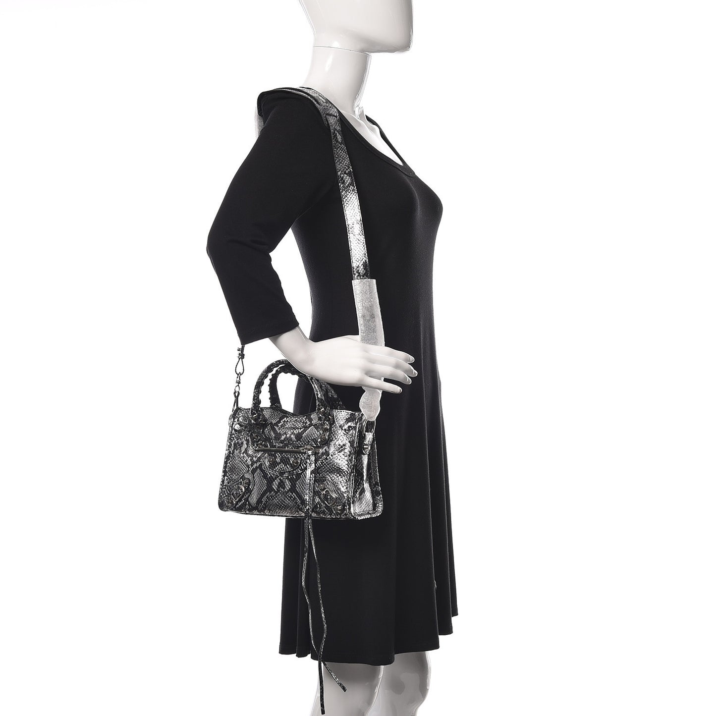 Metallic Calfskin Snakeskin Embossed Classic Silver Hardware Mini City Silver