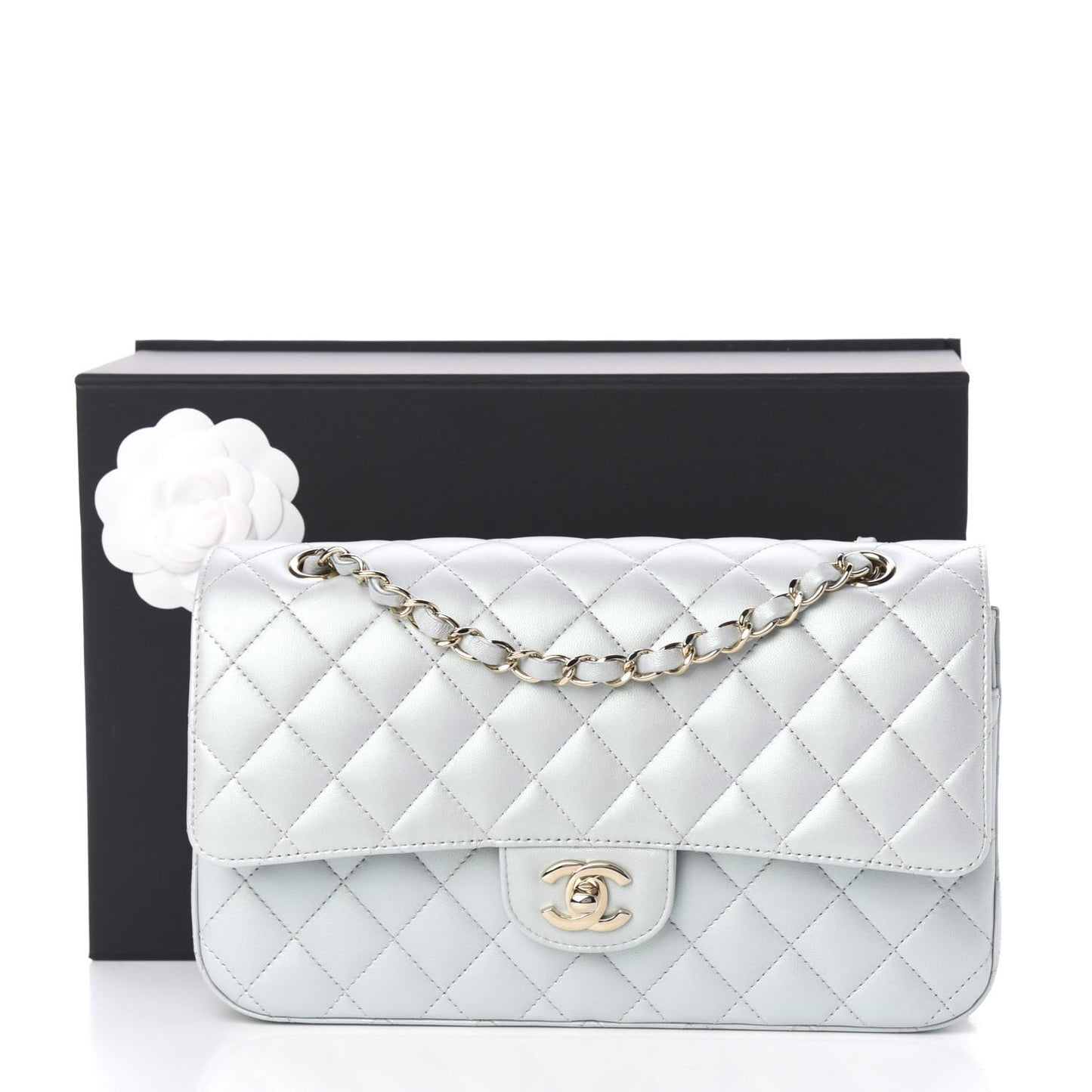 Iridescent Lambskin Quilted Medium Double Flap Light Blue
