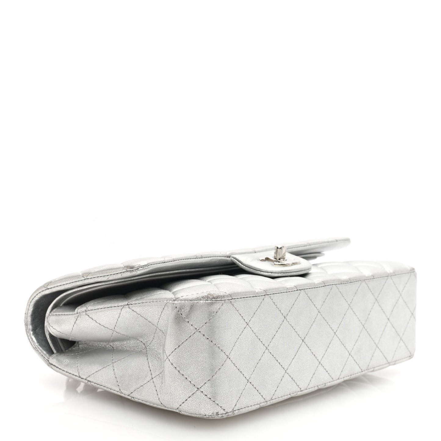 Metallic Lambskin Quilted Medium Double Flap Silver