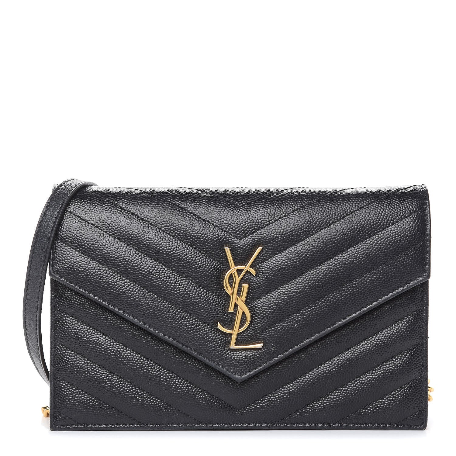 Saint Laurent Grain De Poudre Matelasse Chevron Monogram Envelope Chain Wallet Black 1 of 20