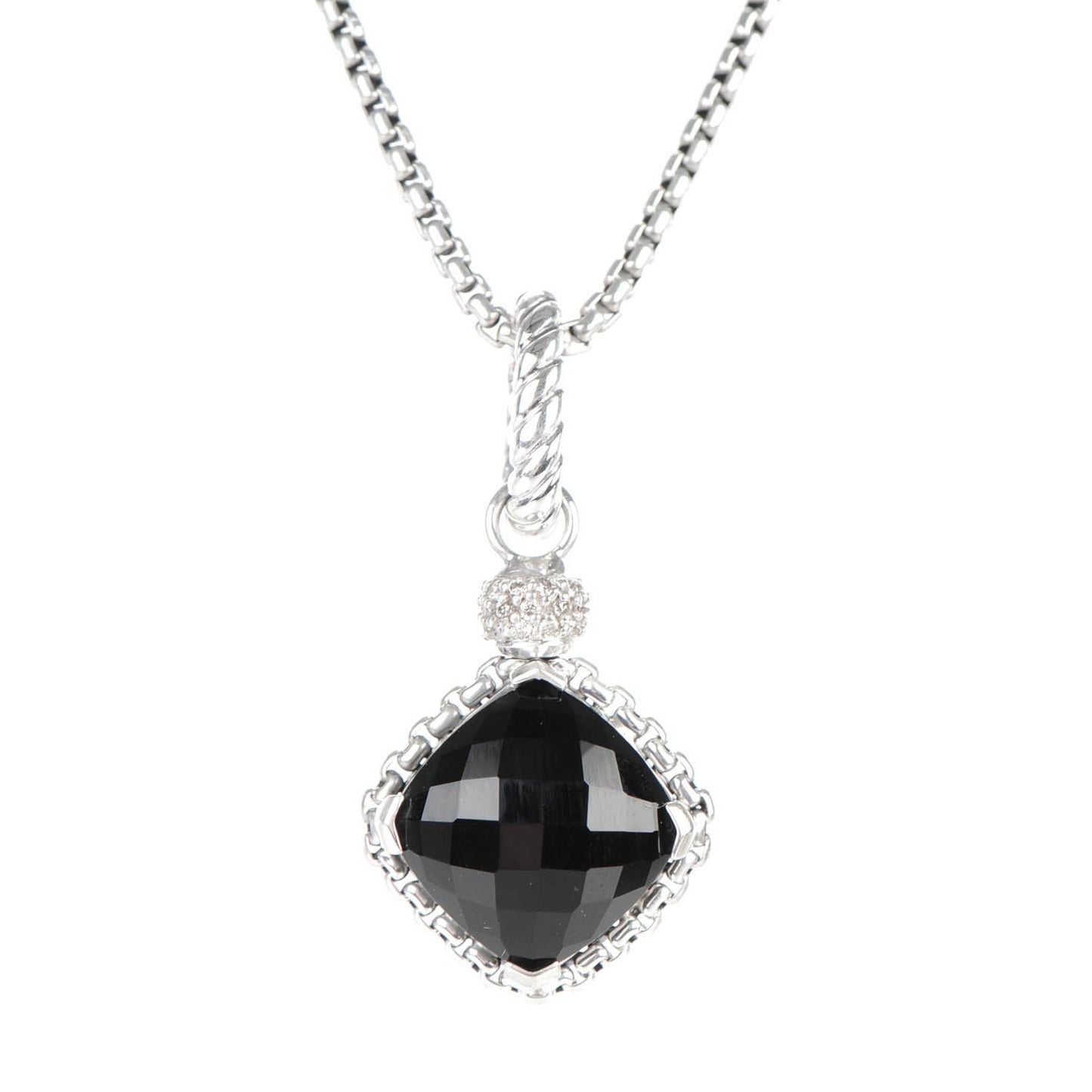 Sterling Silver 14K Yellow Gold Pave Diamond Black Onyx 11mm Cushion On Point Pendant Necklace