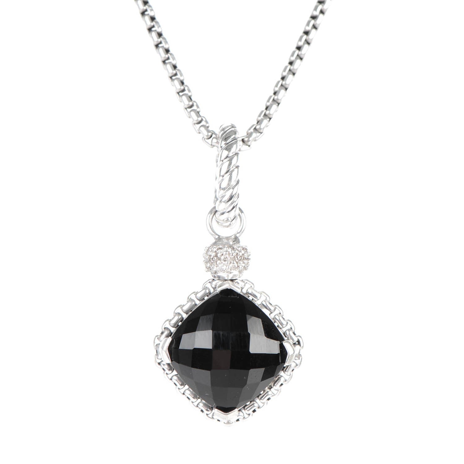David Yurman Sterling Silver 14K Yellow Gold Pave Diamond Black Onyx 11mm Cushion On Point Pendant Necklace 3 of 4