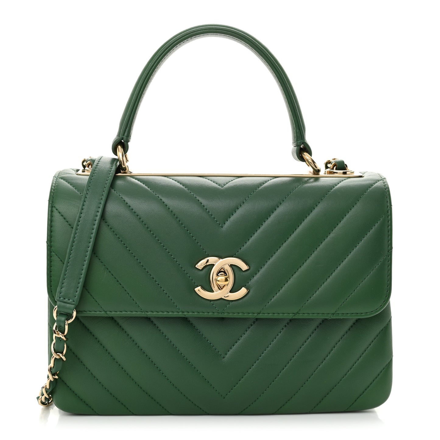 Lambskin Chevron Quilted Small Trendy CC Dual Handle Flap Bag Green