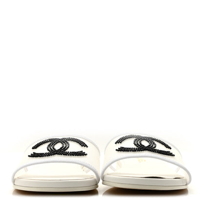 Chanel Mesh Glass Beaded CC Sandal Mules 37.5 White Black 3 of 9