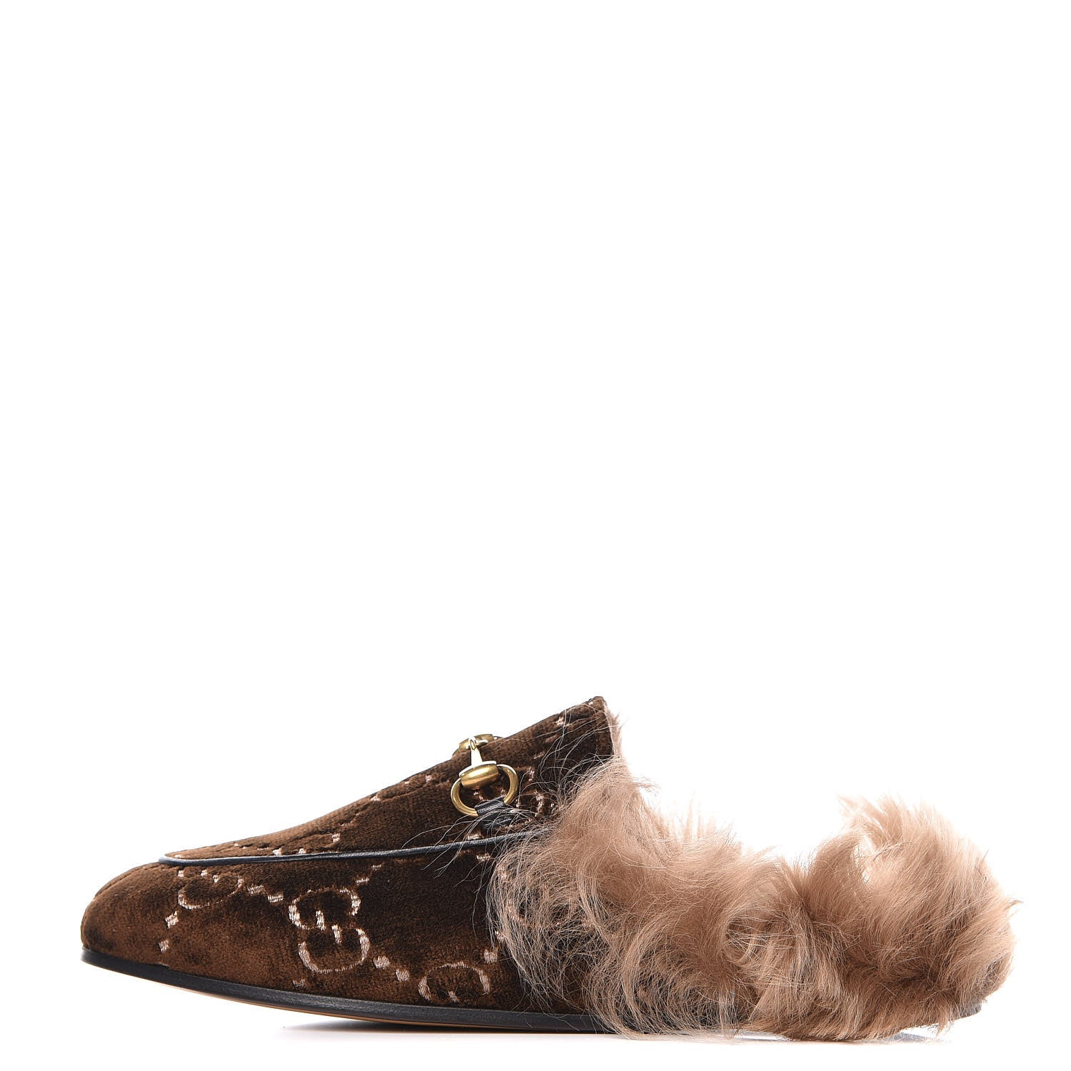 Gucci Velvet GG Monogram Fur Womens Princetown Slippers 36 Brown Black Natural 1 of 8