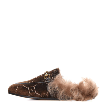 Gucci Velvet GG Monogram Fur Womens Princetown Slippers 36 Brown Black Natural 1 of 8