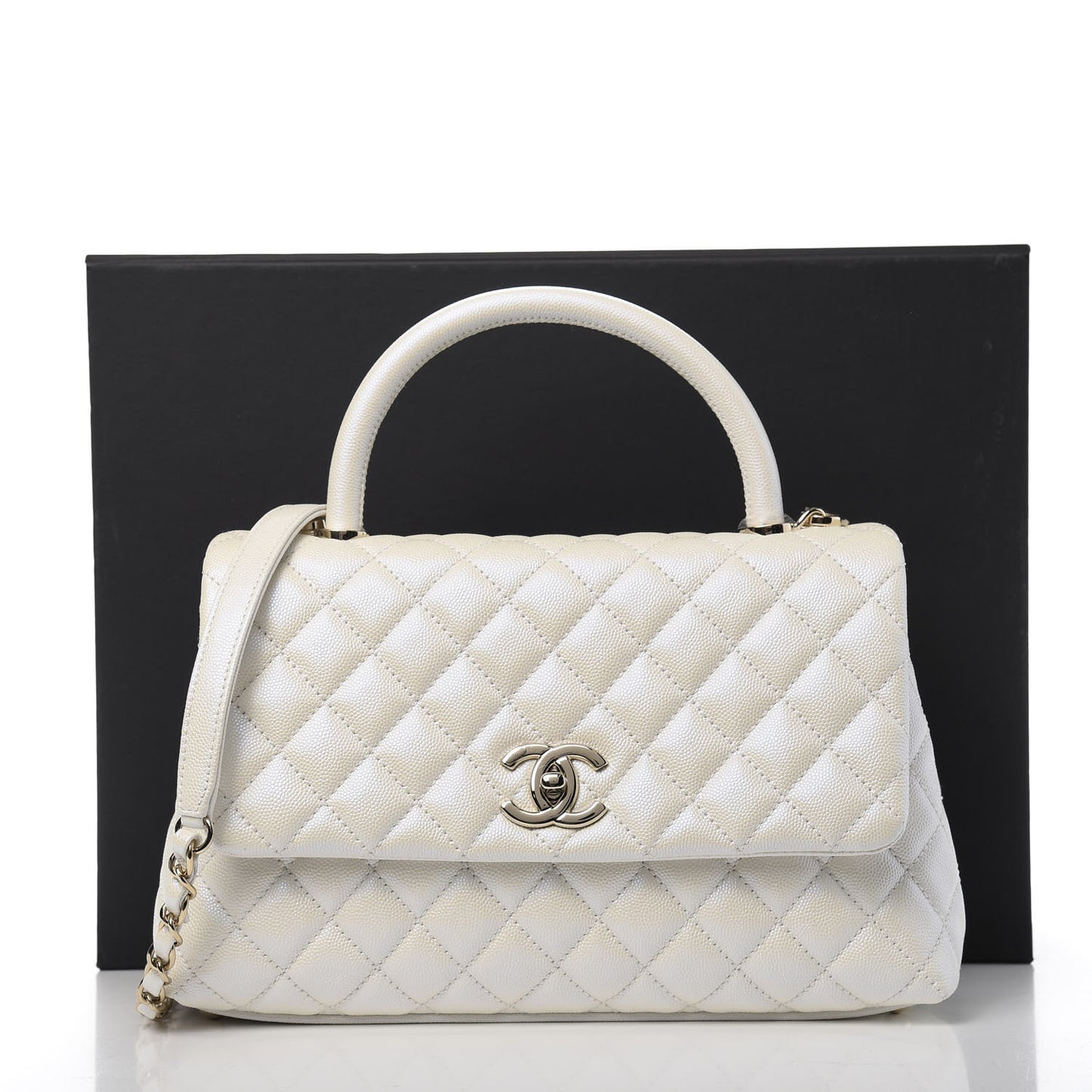 Iridescent Caviar Quilted Small Coco Handle Flap White