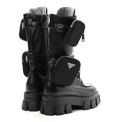 Prada Vitello Lux Nylon Metal Triangle Logo Monolith Pouch Pocket 55mm Tall Combat Boots 41 Black 4 of 11