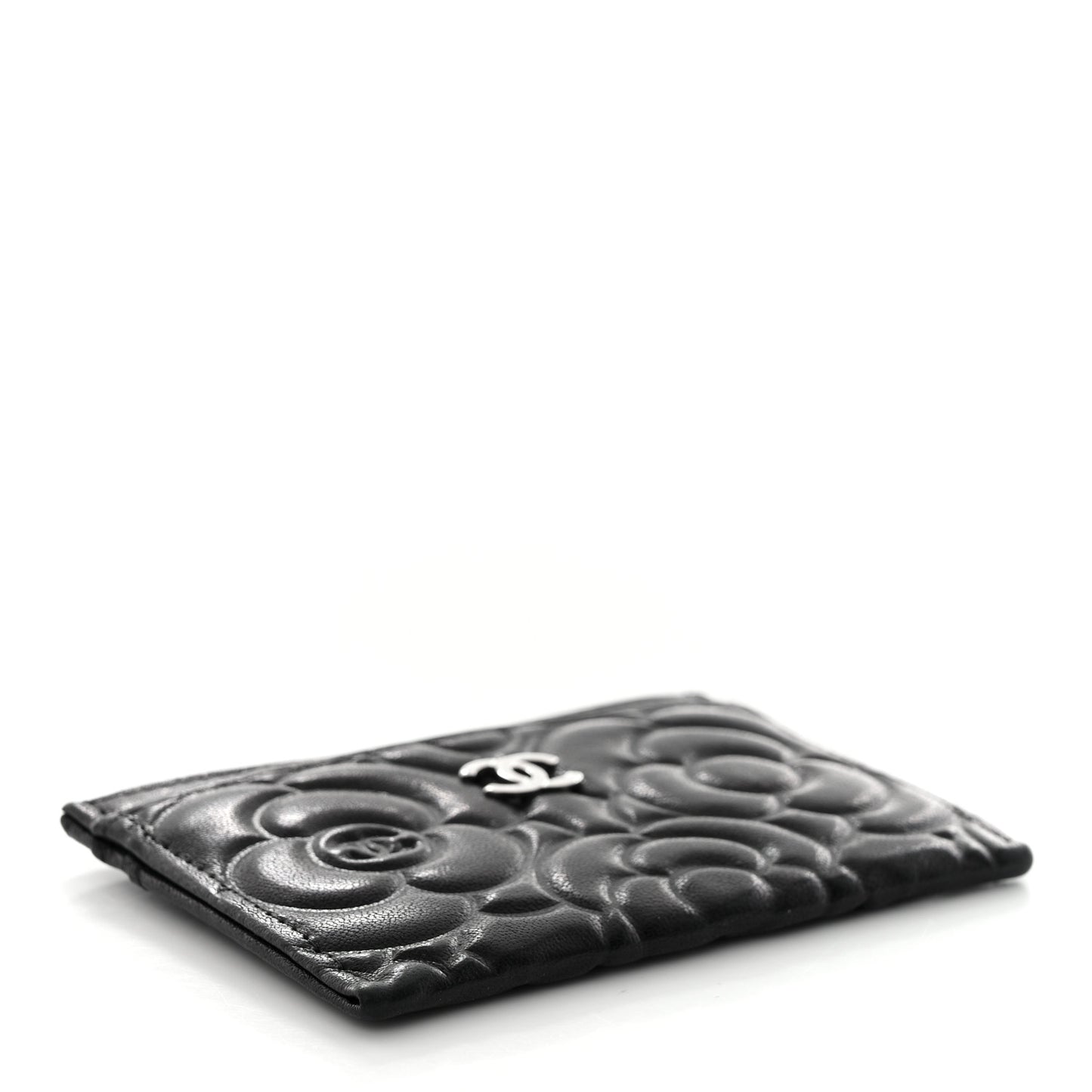 Lambskin Camellia Embossed Card Holder Black