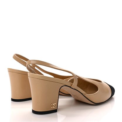 Chanel Goatskin Grosgrain Cap Toe CC Slingback Pumps 37 Beige Black 5 of 9