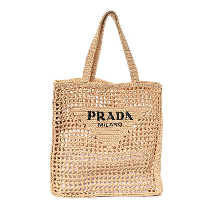 Prada Yarn Raffia Effect Crochet Logo Embroidered Tote Bag Naturale 1 of 9