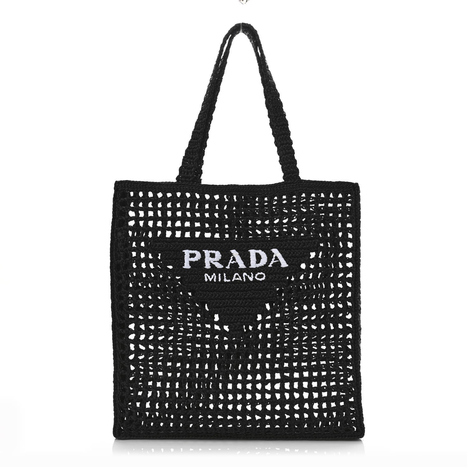 Prada Yarn Raffia Effect Crochet Logo Embroidered Tote Bag Black 1 of 9
