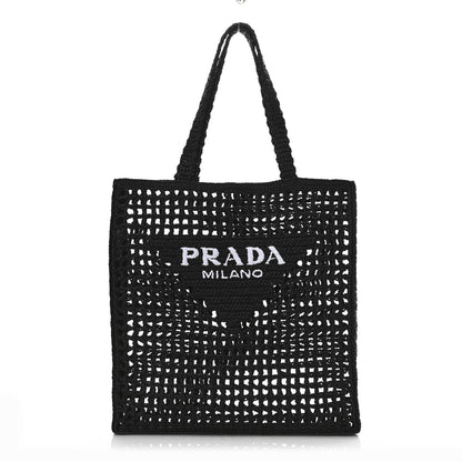 Prada Yarn Raffia Effect Crochet Logo Embroidered Tote Bag Black 1 of 9