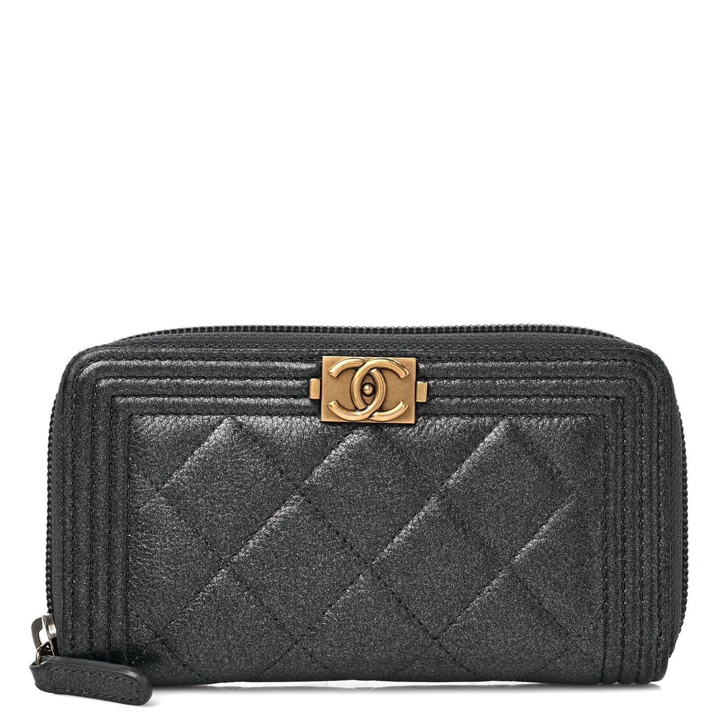 Metallic Calfskin Quilted Small Boy Zip Around Wallet Charcoal
