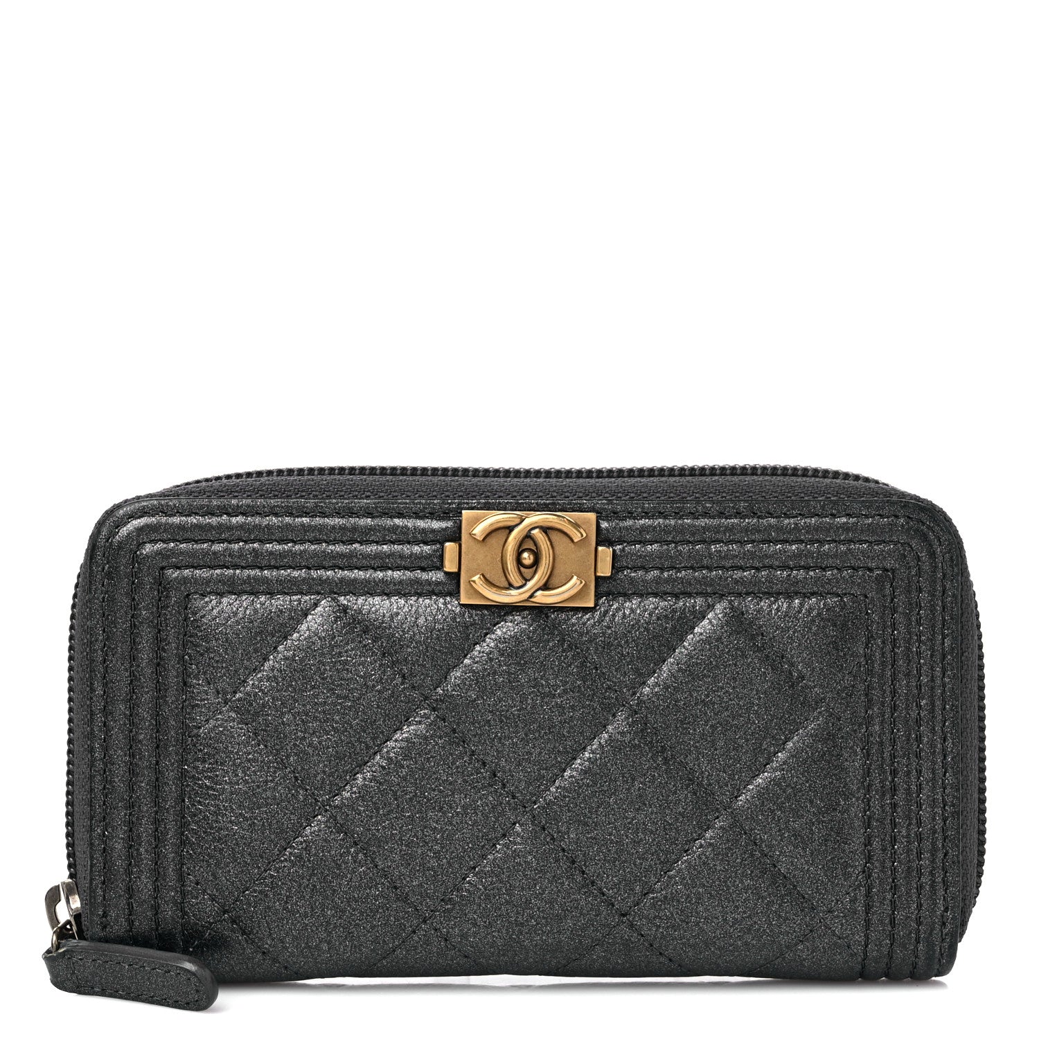 Chanel Metallic Calfskin Quilted Small Boy Zip Around Wallet Charcoal 1 of 11