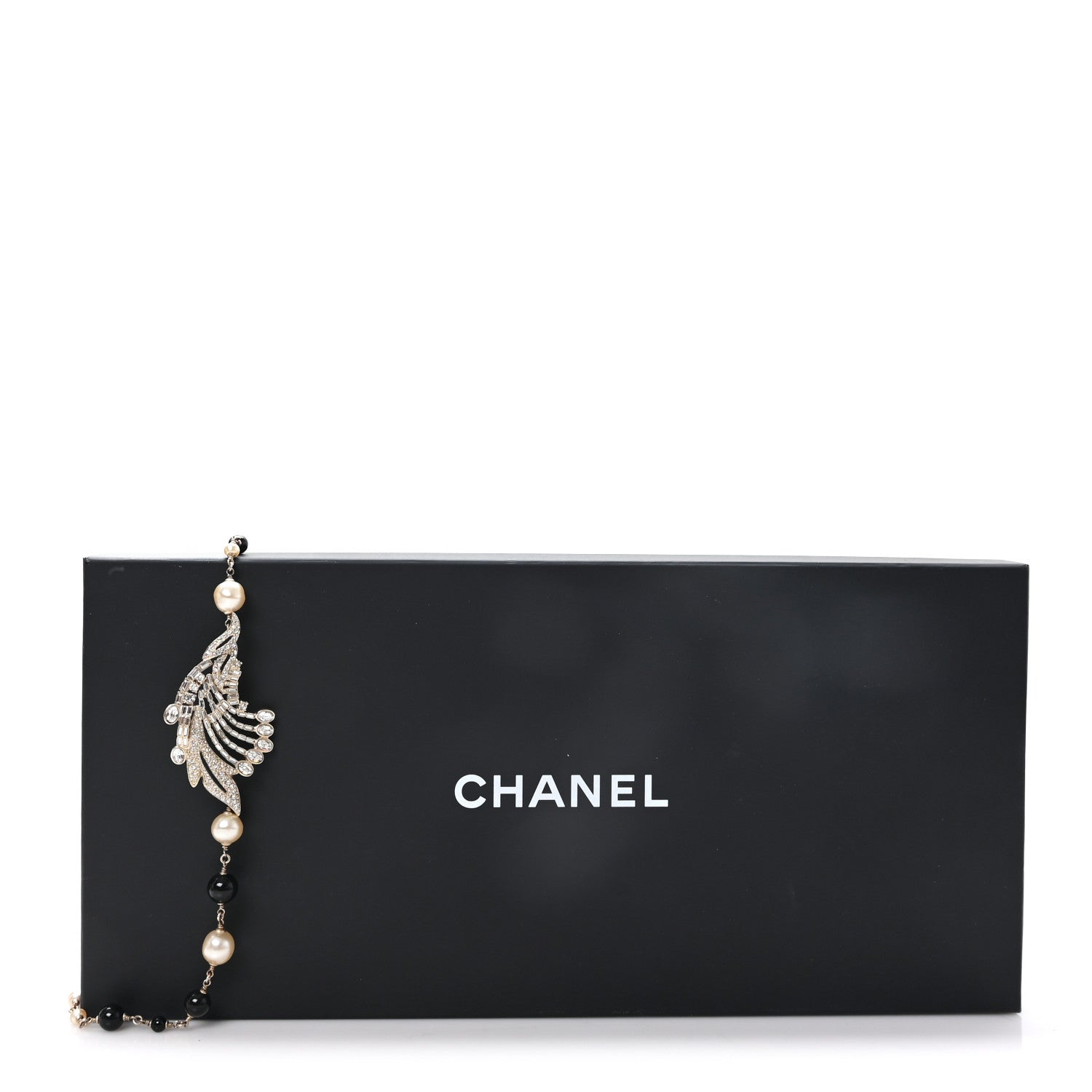 Chanel Pearl Crystal Baguette Beaded Wing Long Necklace Black Gold 5 of 5