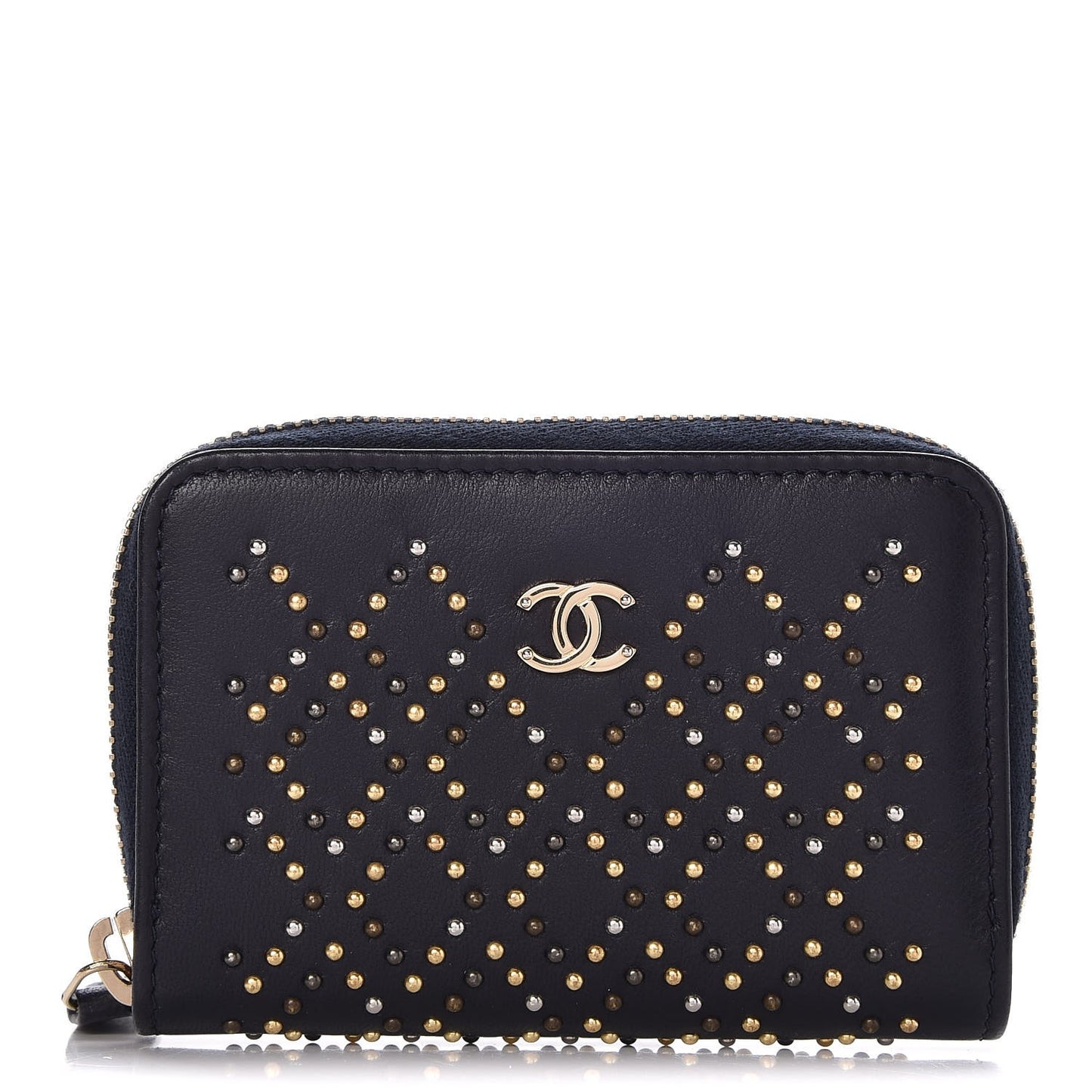 Lambskin Studded Zip Around Coin Purse Wallet Dark Navy