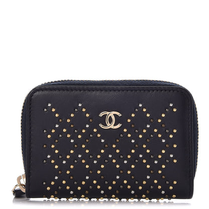 Chanel Lambskin Studded Zip Around Coin Purse Wallet Dark Navy 1 of 8