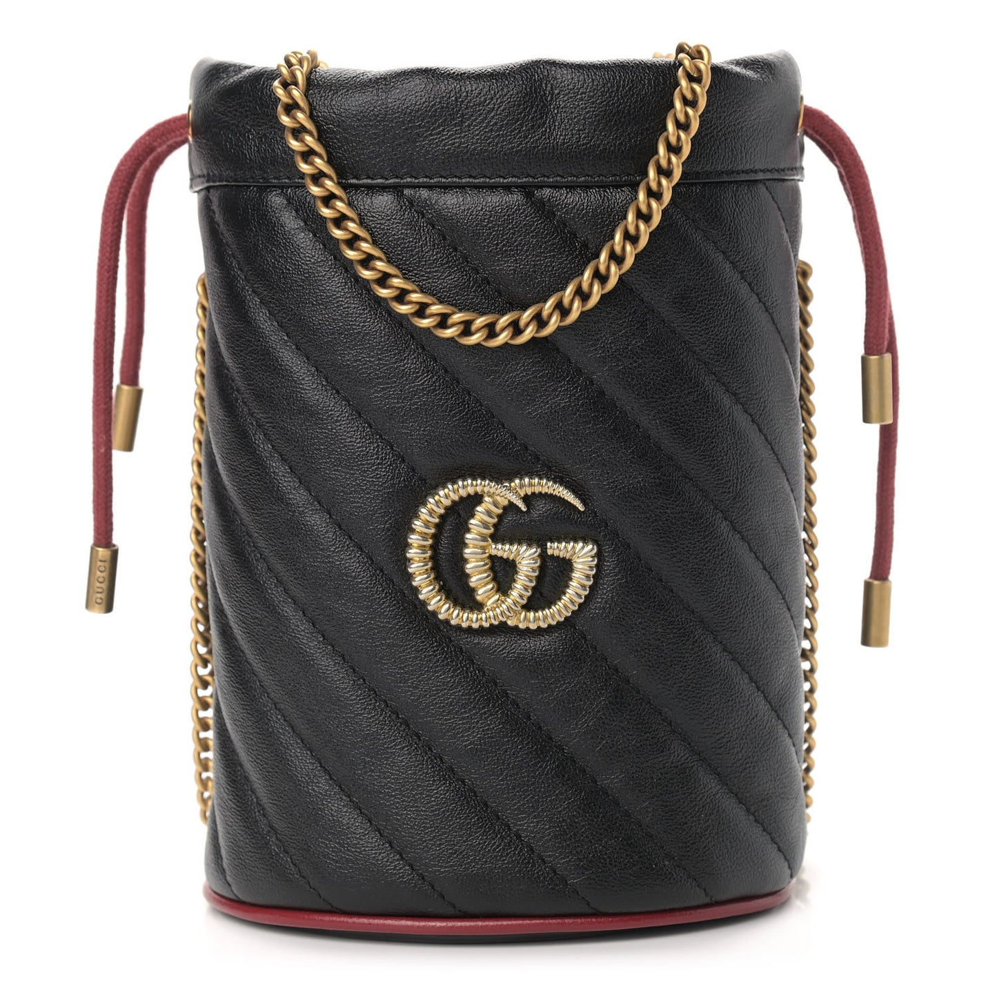Vintage Effect Calfskin Matelasse Diagonal Mini Torchon GG Marmont 2.0 Bucket Bag Black Romantic Cherry