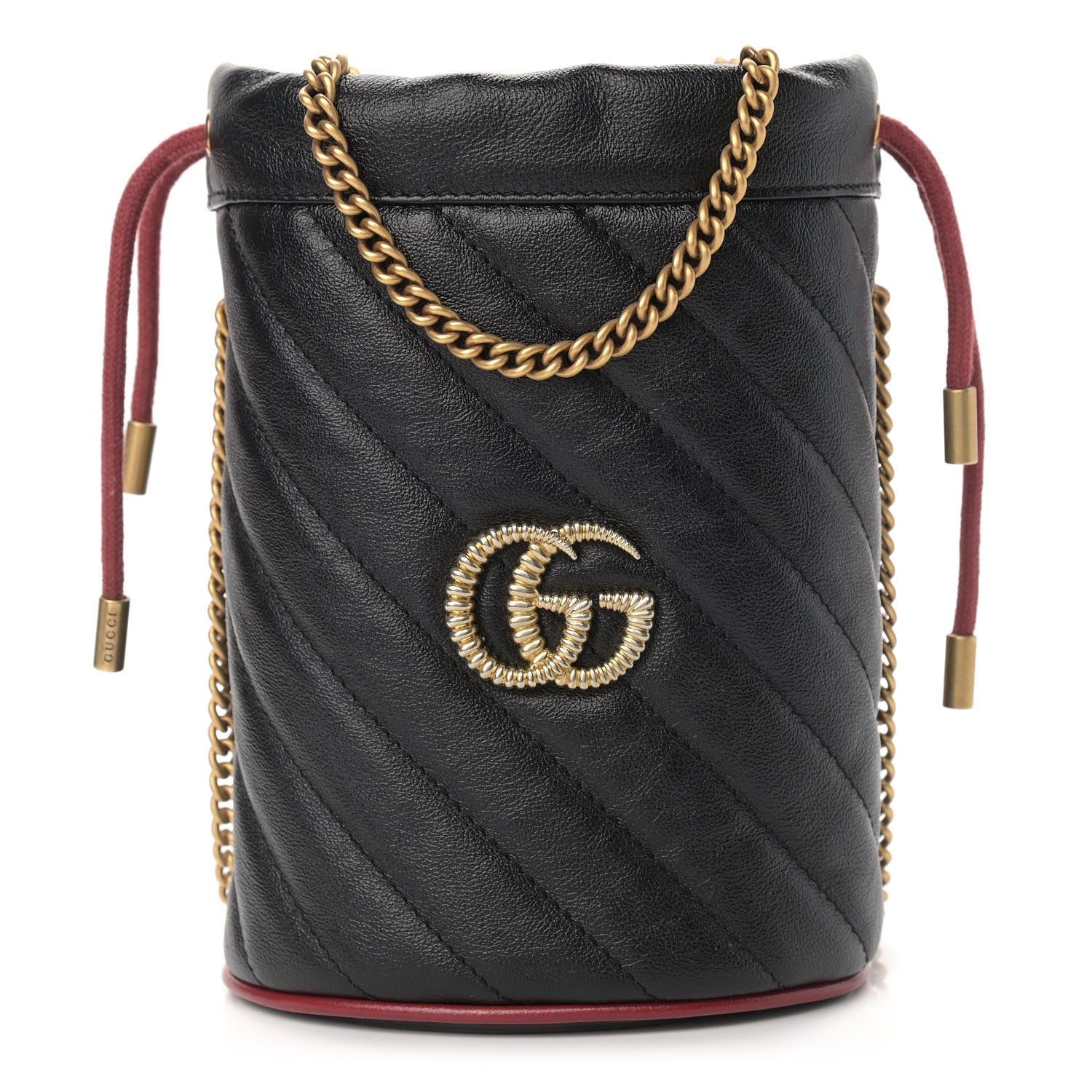 Gucci Vintage Effect Calfskin Matelasse Diagonal Mini Torchon GG Marmont 2.0 Bucket Bag Black Romantic Cherry 1 of 9