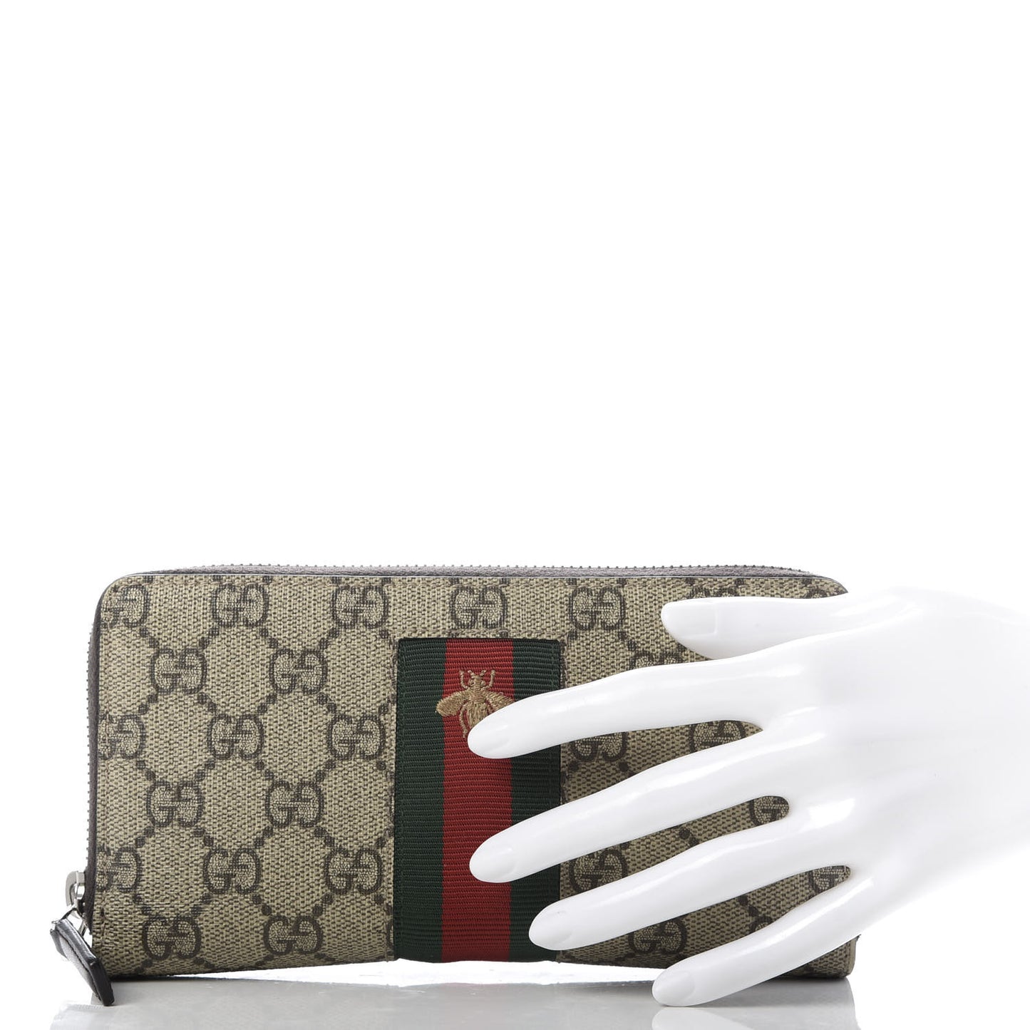 GG Supreme Monogram Web Bee Zip Around Wallet Beige Cocoa