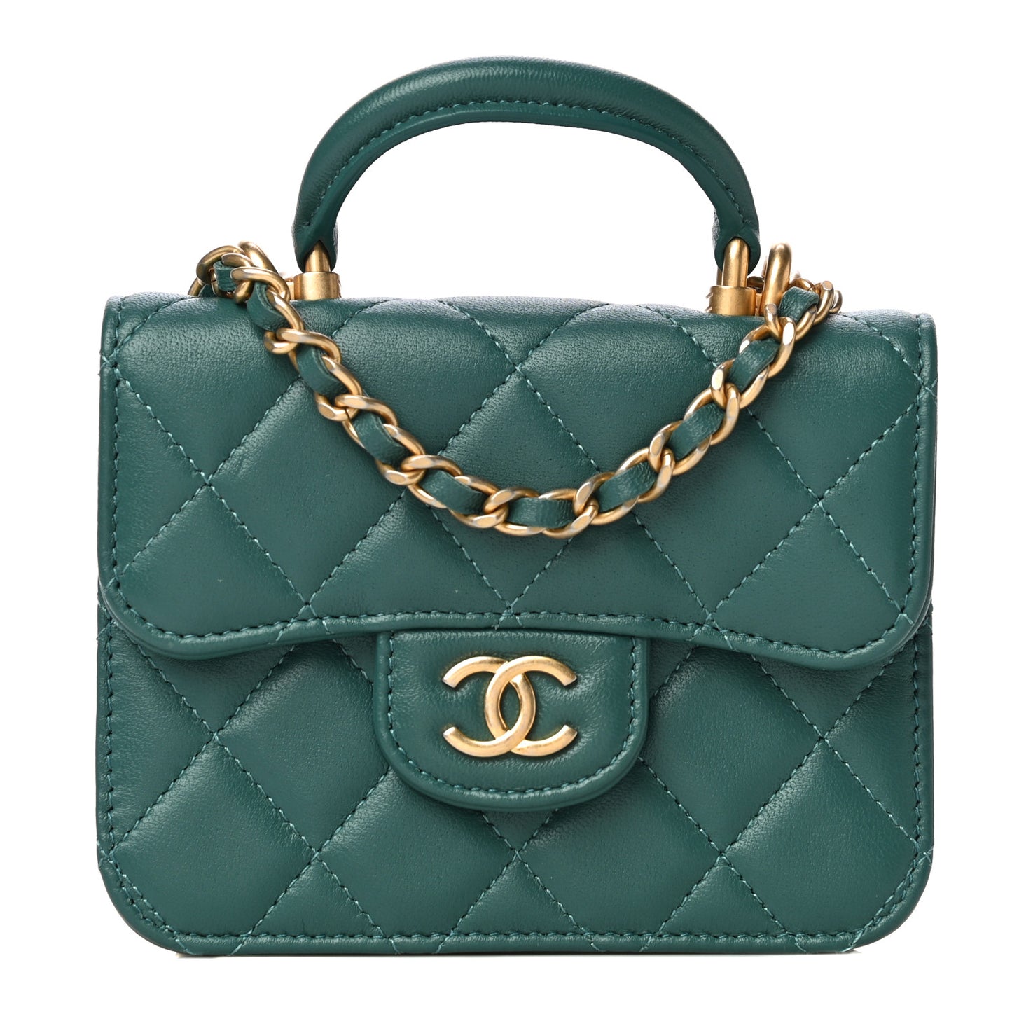 Lambskin Quilted Top Handle Flap Coin Purse With Chain Green