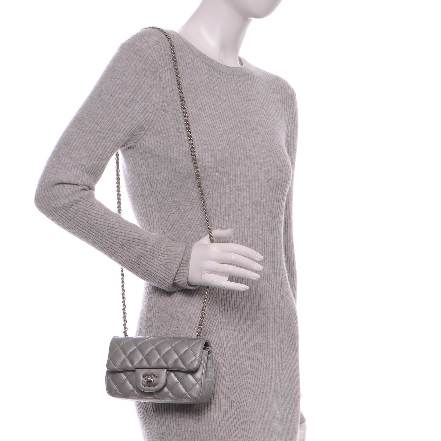 Metallic Lambskin Quilted Extra Mini Rectangular Flap Silver