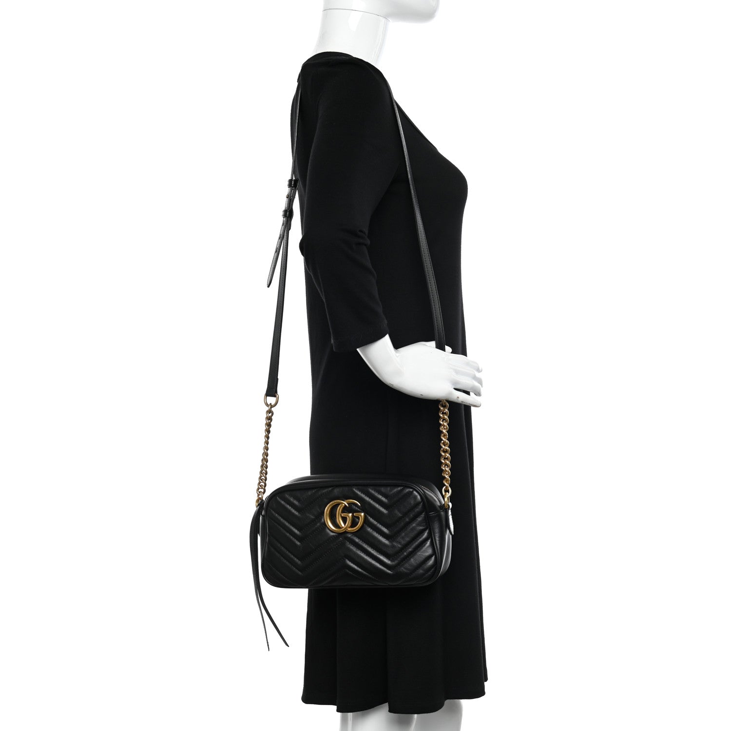 Gucci Calfskin Matelasse Small GG Marmont Chain Shoulder Bag Black 2 of 11