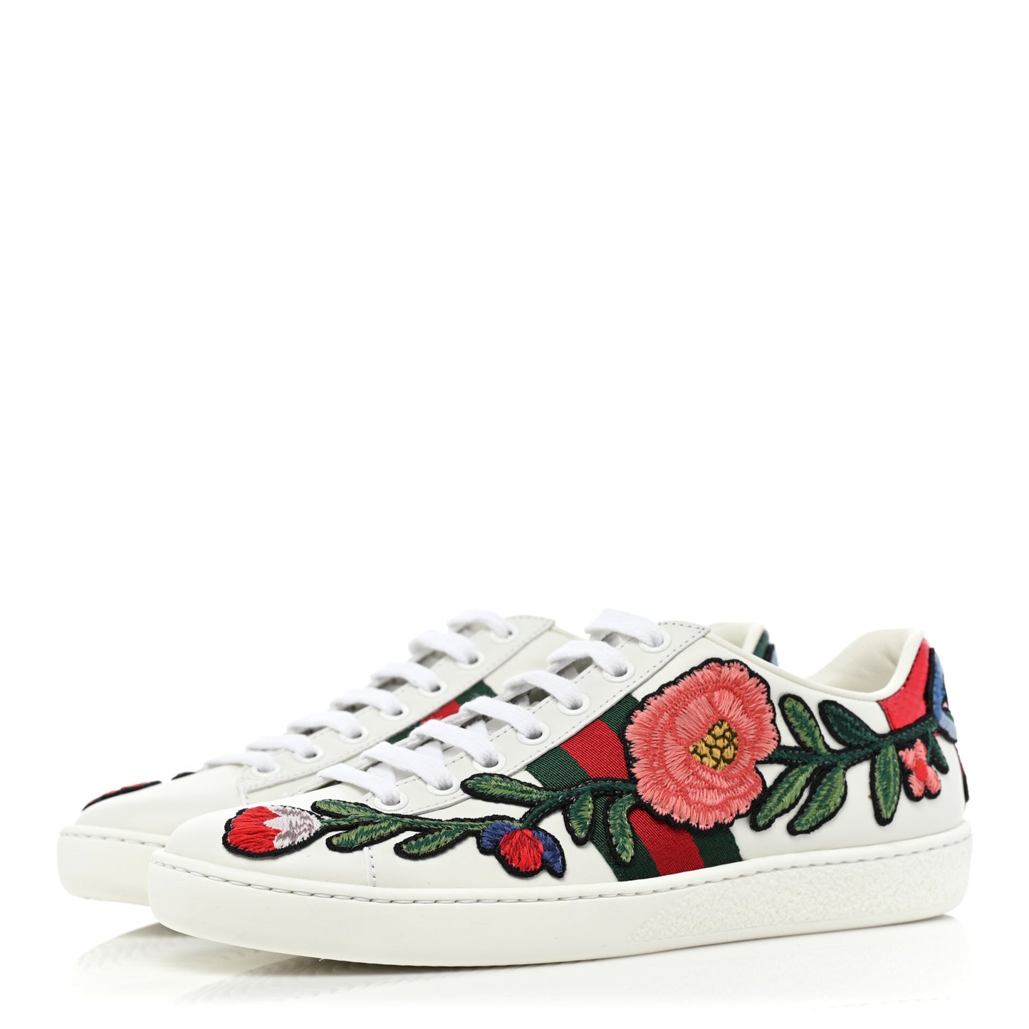 Calfskin Web Floral Embroidered Womens Ace Sneakers 36 White