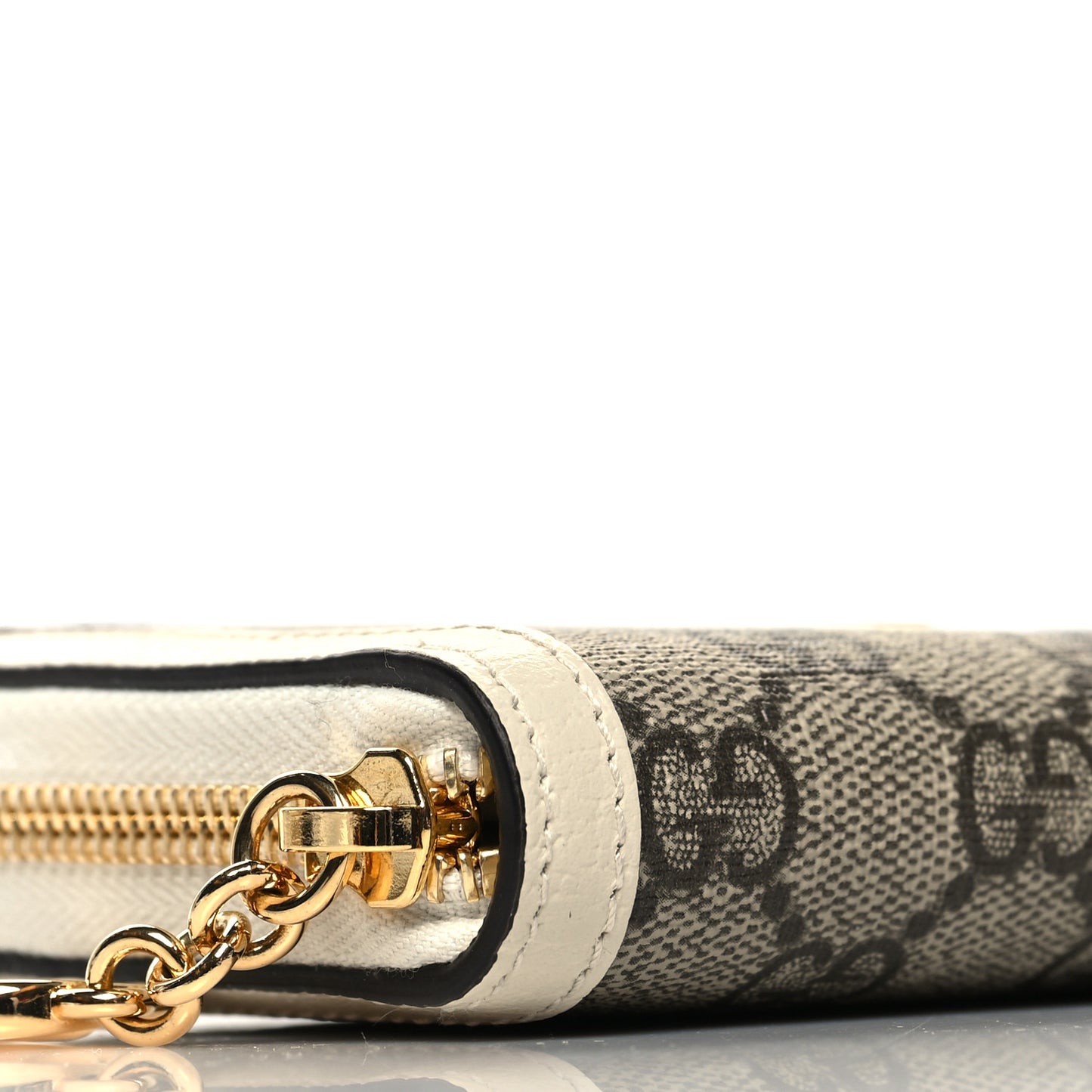 GG Supreme Monogram Textured Dollar Calfskin Web Ophidia Zip Around Wallet Beige Ebony Mystic White