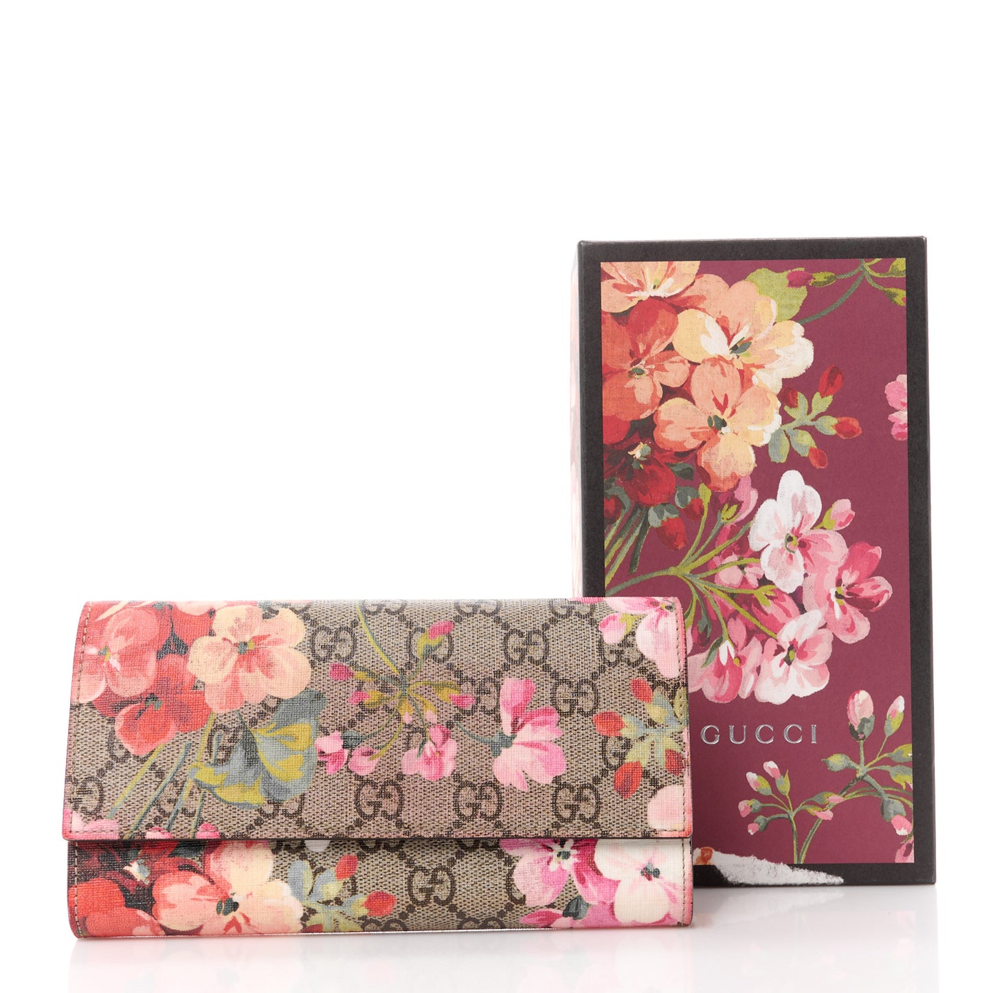 GG Supreme Monogram Blooms Continental Wallet Beige Multicolor Dry Rose