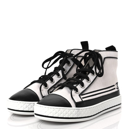 Chanel Fabric Lambskin Lace Up Cap Toe Sneakers 37 White Black 3 of 6