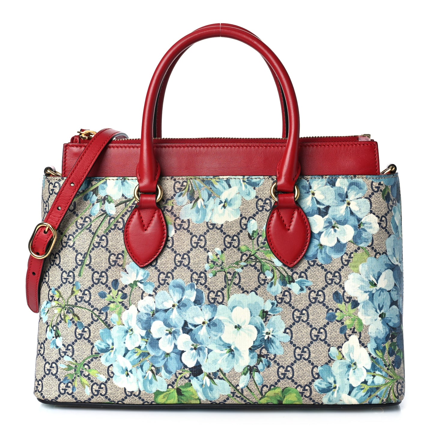 GG Supreme Monogram Blooms Small Zip Top Tote Beige Blue Navy Hibiscus Red