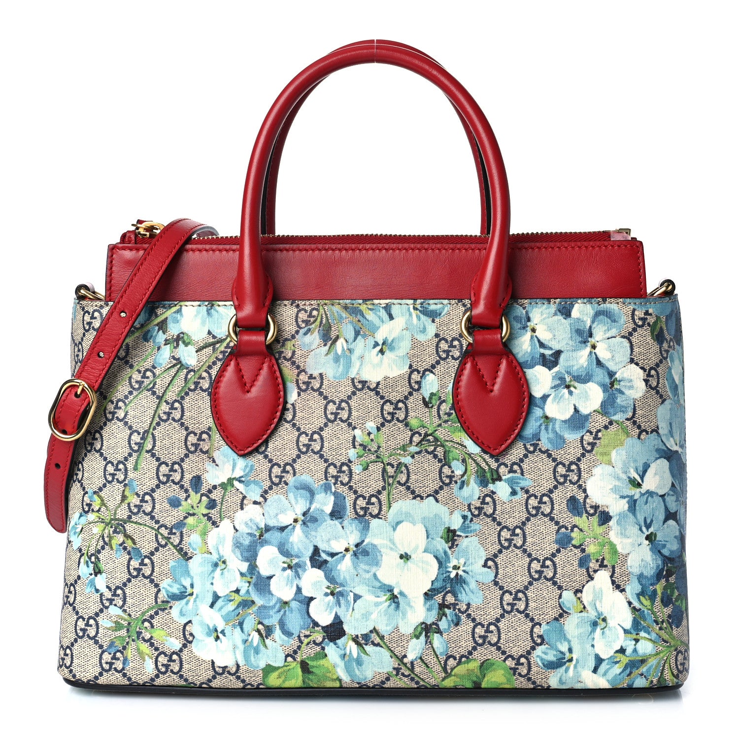 Gucci GG Supreme Monogram Blooms Small Zip Top Tote Beige Blue Navy Hibiscus Red 1 of 8