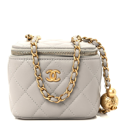 Lambskin Quilted Pearl Crush Mini Vanity Case With Chain Grey