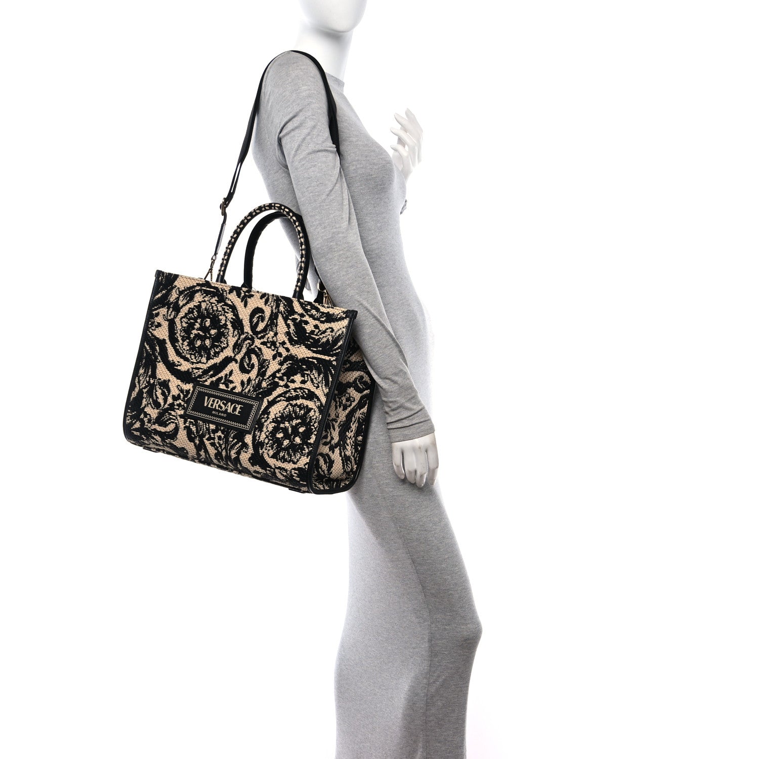 Versace Raffia Calfskin Jacquard Barocco Medium Athena Tote Black 2 of 10