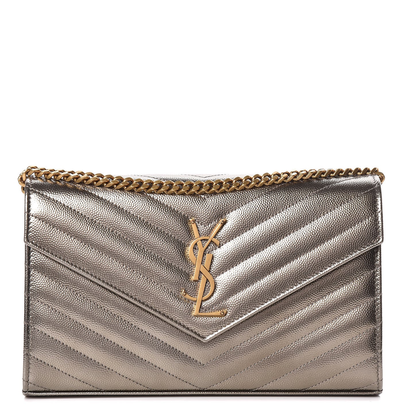Iridescent Grain De Poudre Matelasse Chevron Monogram Chain Wallet Gold