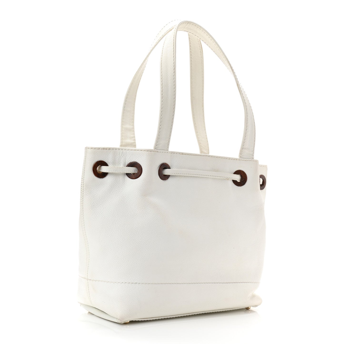 Caviar Wood Drawstring Bucket Bag White