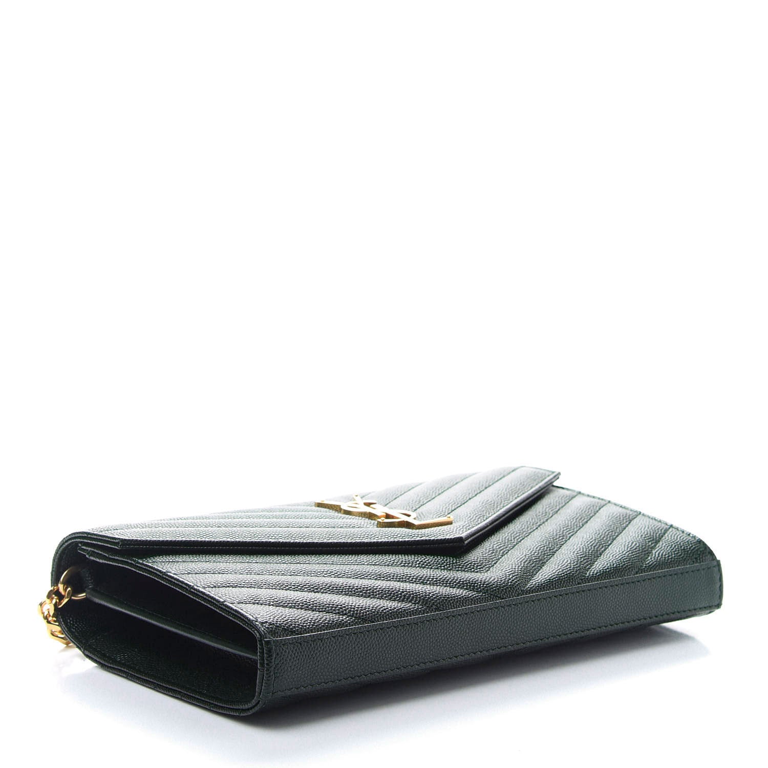 Saint Laurent Grain De Poudre Matelasse Chevron Monogram Chain Wallet Dark Green 4 of 11