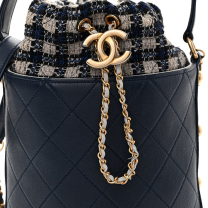 Chanel Calfskin Tweed Medium CC Chain Bucket Drawstring Bag Navy Blue Multicolor 8 of 10
