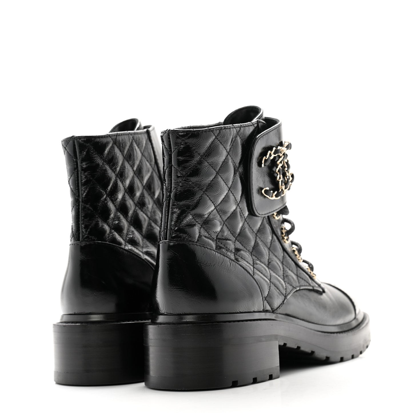 Shiny Calfskin Quilted Lace Up Combat Boots 38.5 Black