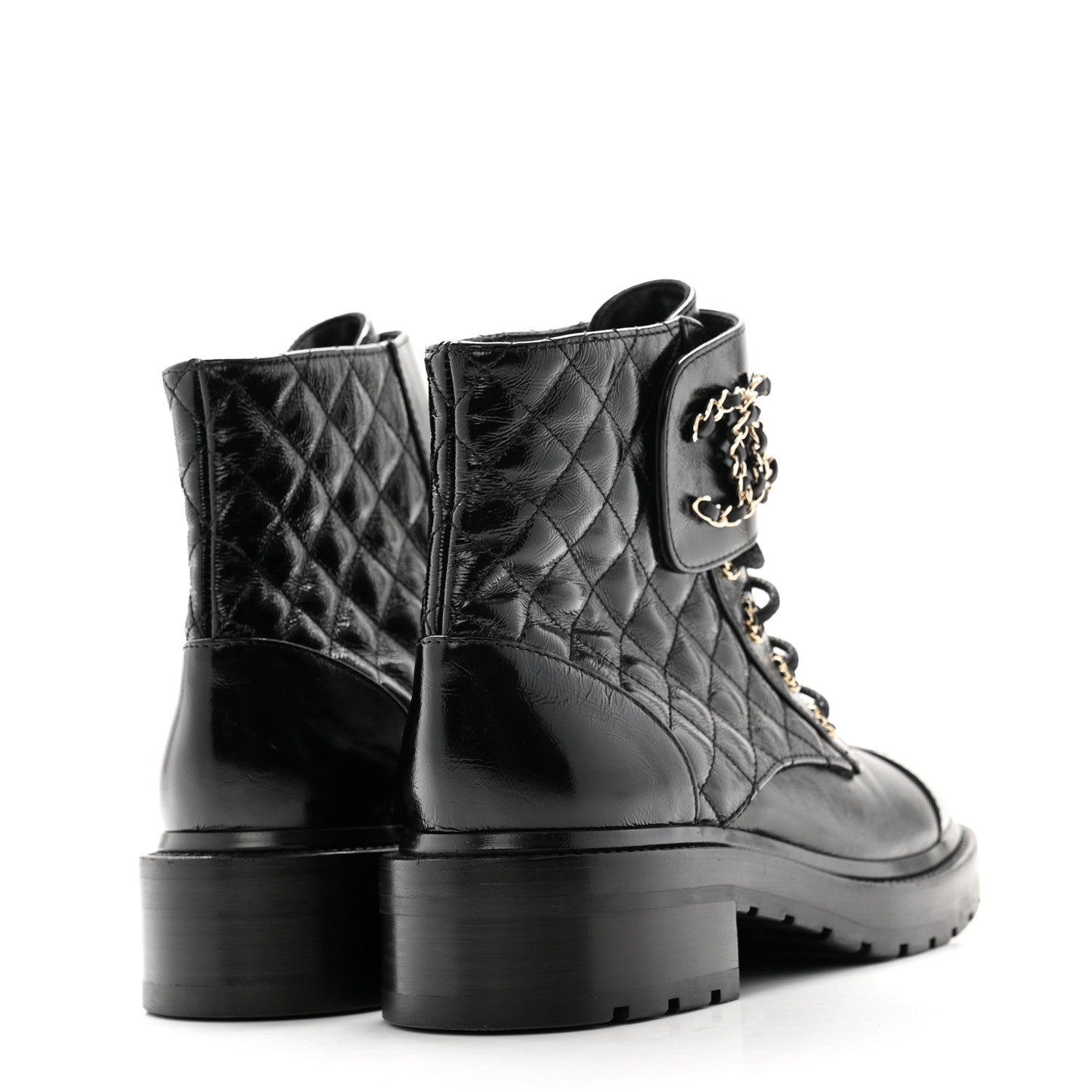 Chanel Shiny Calfskin Quilted Lace Up Combat Boots 38.5 Black 3 of 8